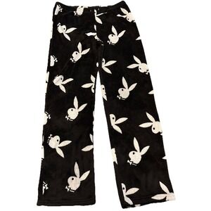 Y2K Playboy Intimates Plush Lounge Pajama Pants Oversized Bunny Logo BlackGray L